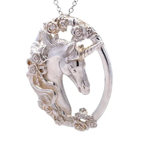 Estate 925 Sterling Silver Unicorn Whimsical Fantasy Oval Statement Pendant